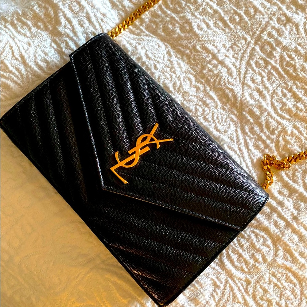 Yves Saint Laurent black leather chevron crossbody clutch with gold chain